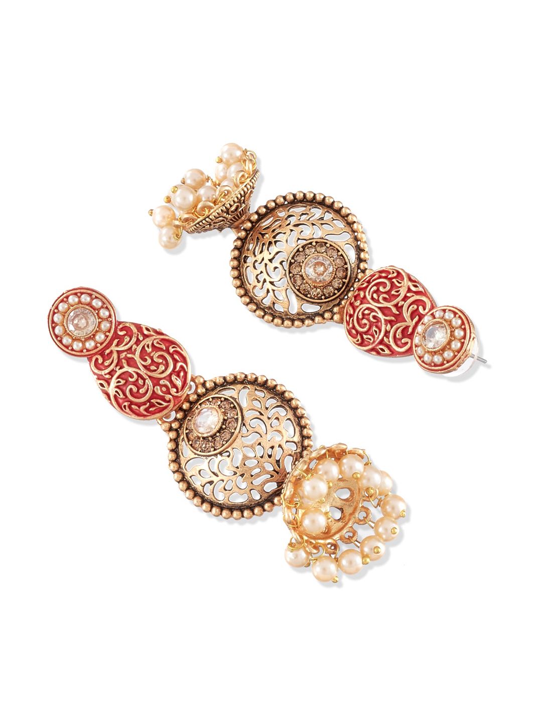 ATIBELLE Copper-Toned & Red Gold-Plated Antique Contemporary Pearls Drop Earrings