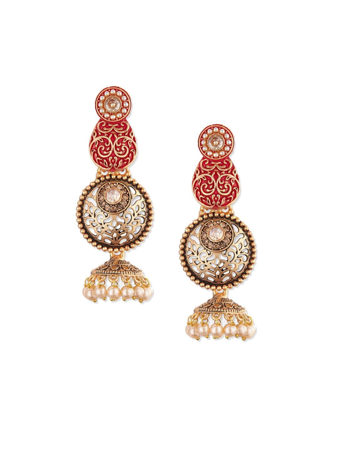 ATIBELLE Copper-Toned & Red Gold-Plated Antique Contemporary Pearls Drop Earrings