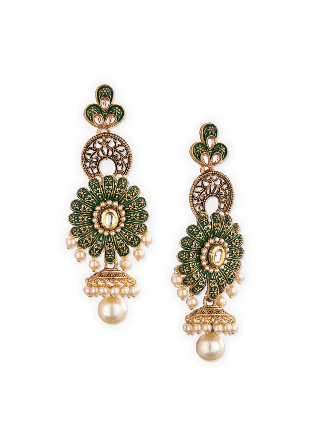 ATIBELLE Gold-Toned & Green Floral Drop Earrings