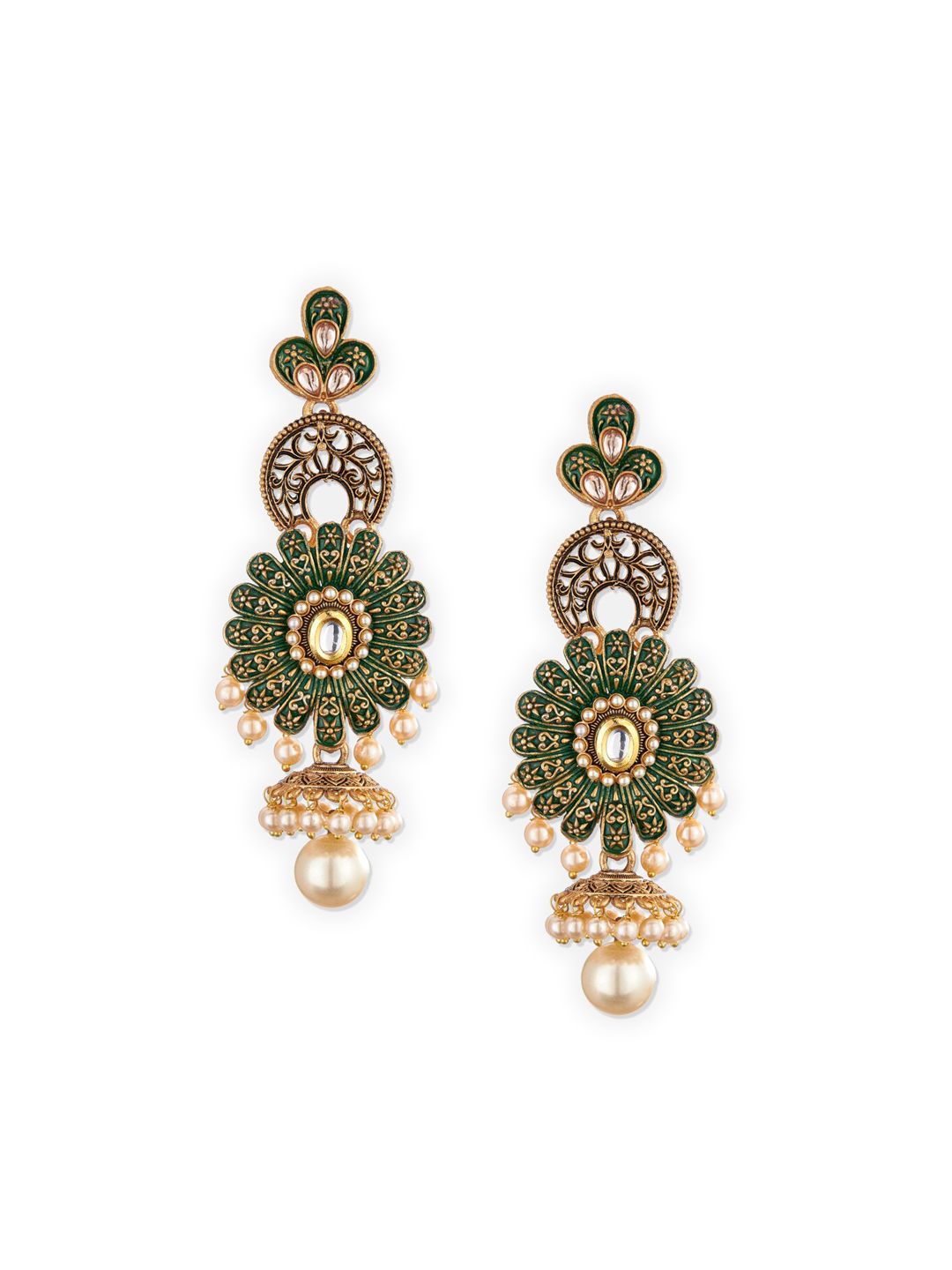 ATIBELLE Gold-Toned & Green Floral Drop Earrings
