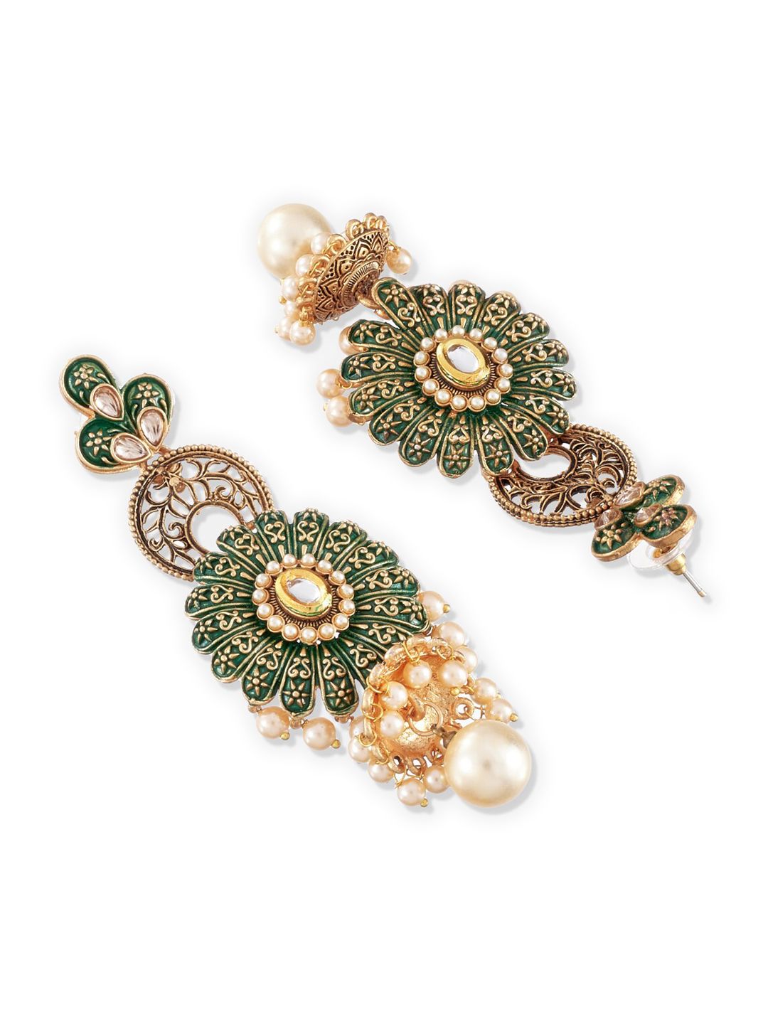 ATIBELLE Gold-Toned & Green Floral Drop Earrings