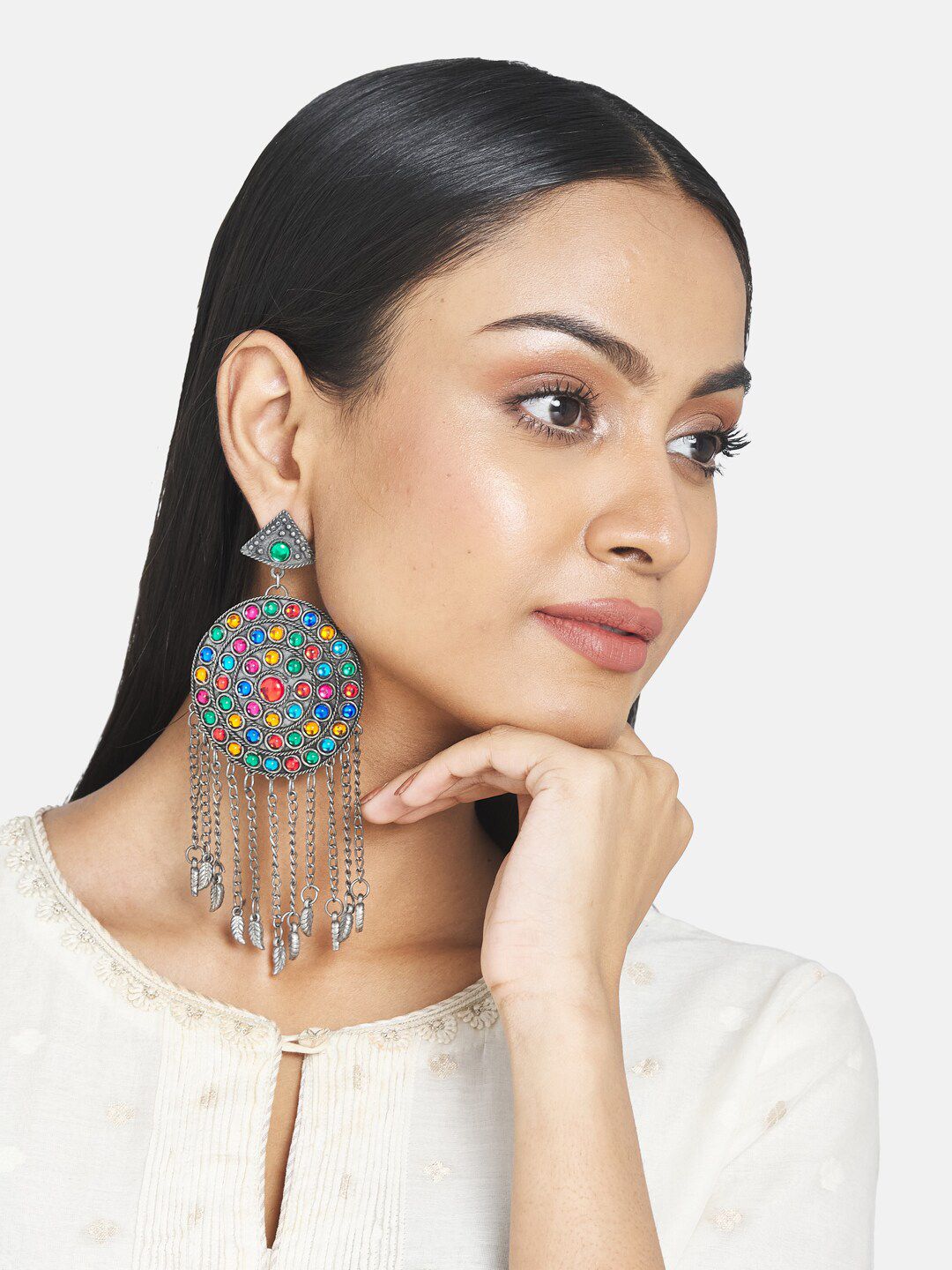 ATIBELLE Oxidised Silver-Plated & Blue German Silver Afghani Tasselled Drop Earrings