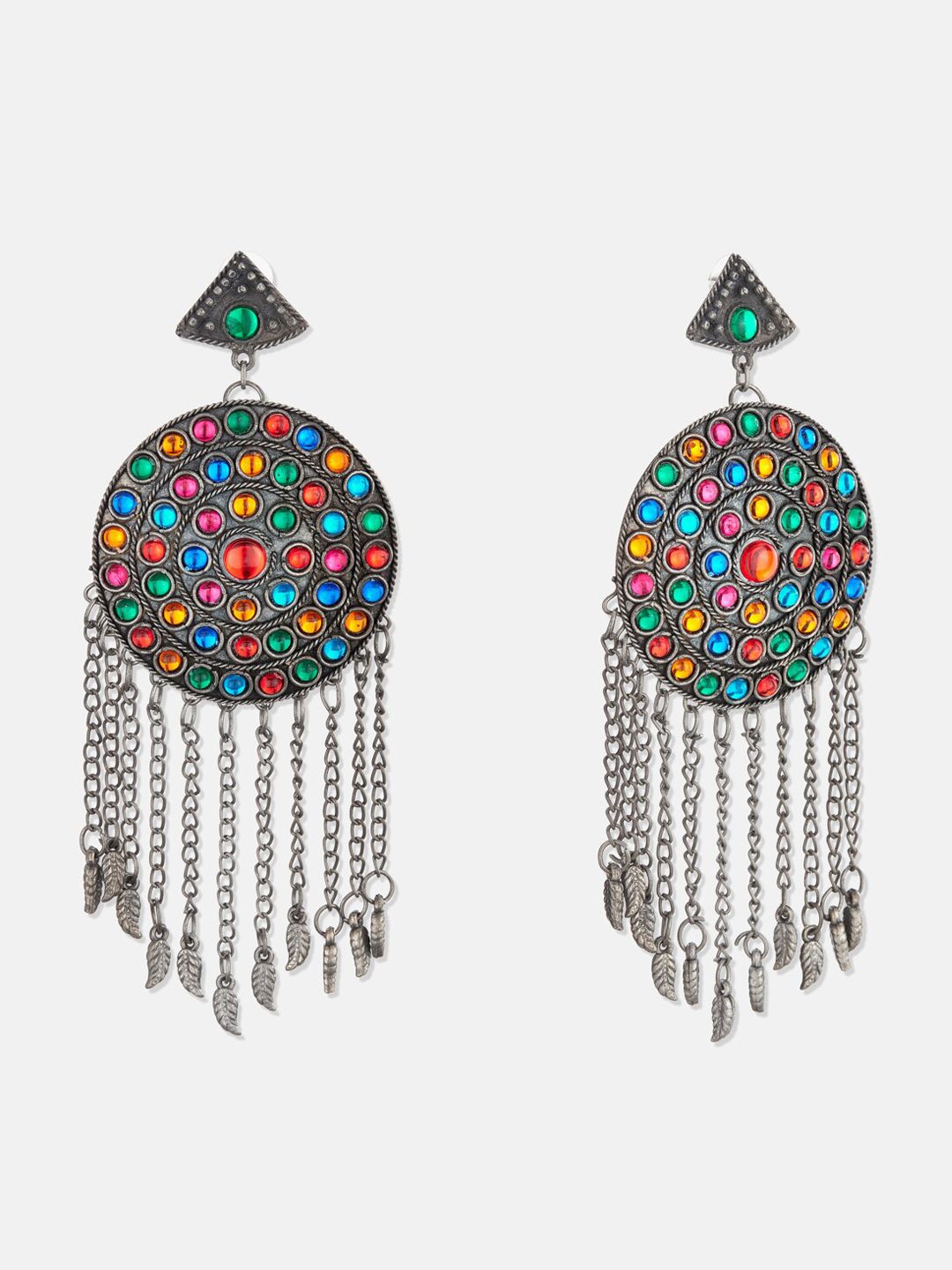 ATIBELLE Oxidised Silver-Plated & Blue German Silver Afghani Tasselled Drop Earrings