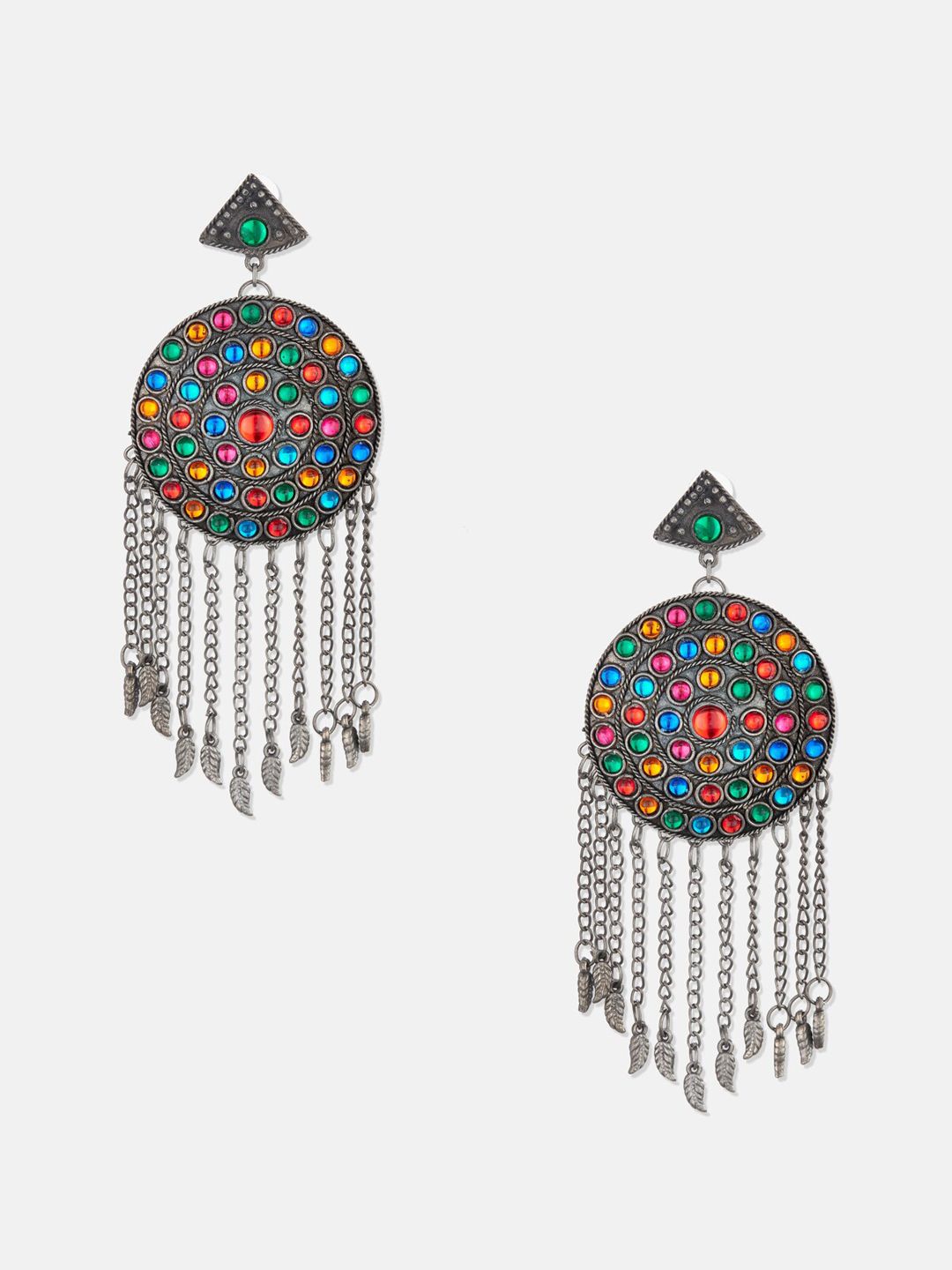 ATIBELLE Oxidised Silver-Plated & Blue German Silver Afghani Tasselled Drop Earrings