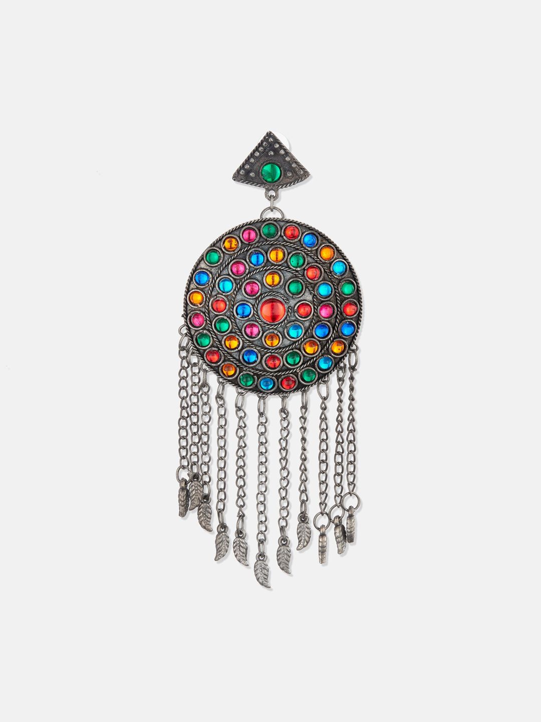 ATIBELLE Oxidised Silver-Plated & Blue German Silver Afghani Tasselled Drop Earrings