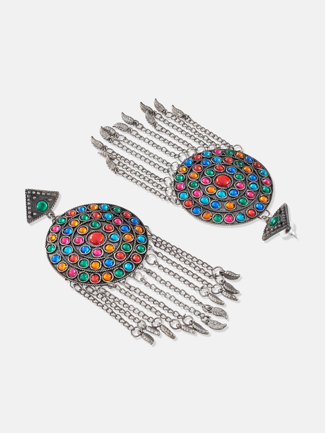 ATIBELLE Oxidised Silver-Plated & Blue German Silver Afghani Tasselled Drop Earrings