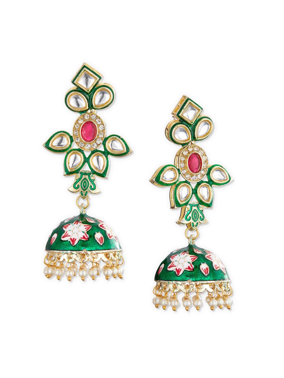 ATIBELLE Women Green & Gold-Plated Kundan and AD studded Jhumkas Earrings with Bead Drops