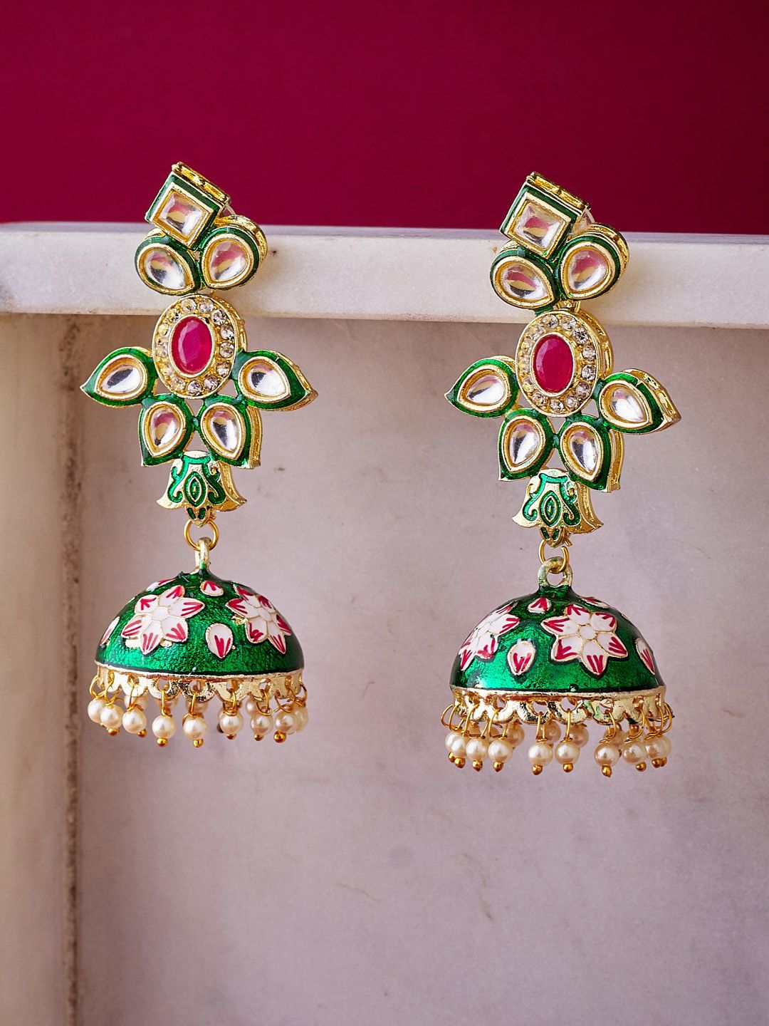 ATIBELLE Women Green & Gold-Plated Kundan and AD studded Jhumkas Earrings with Bead Drops