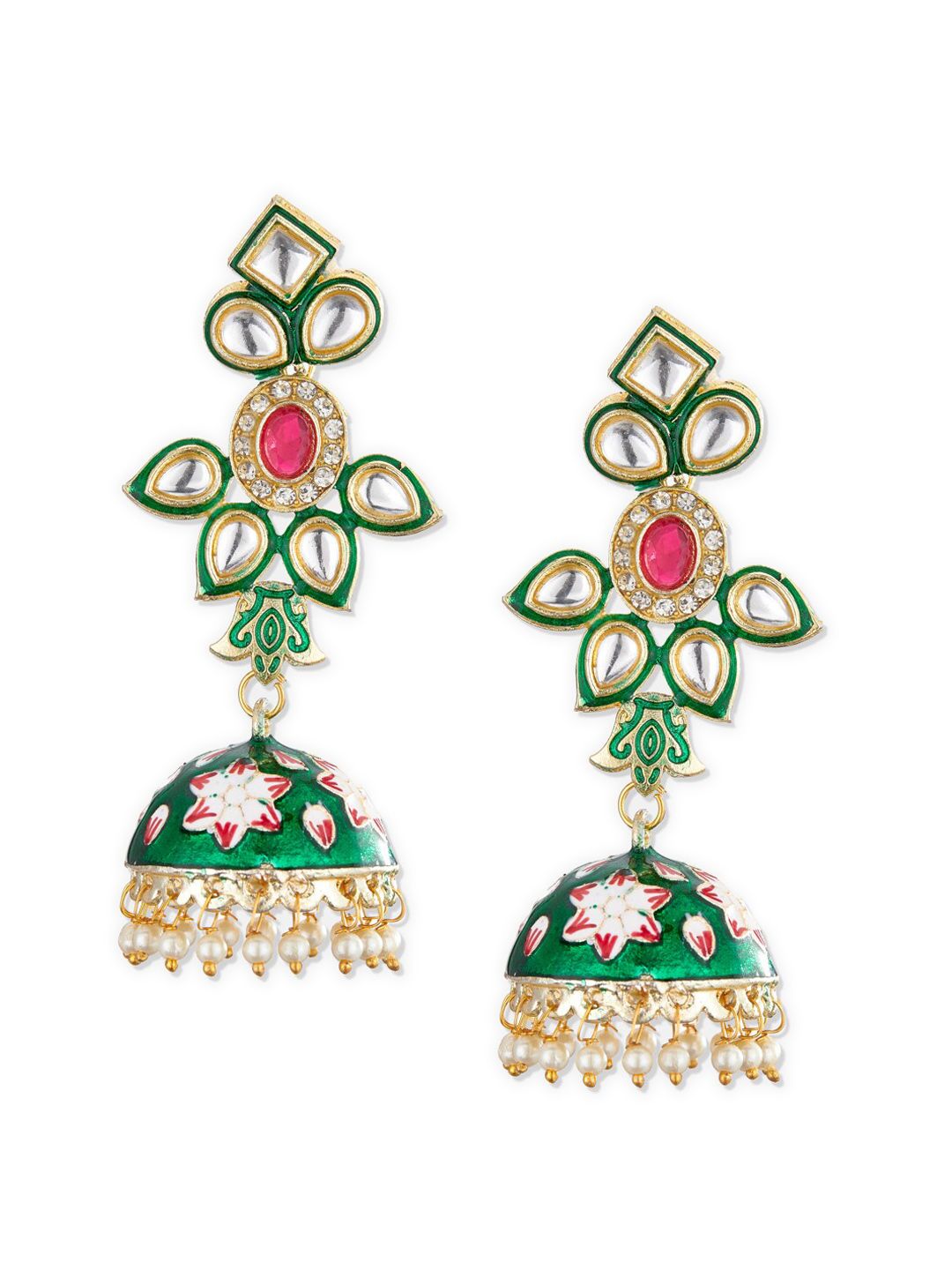 ATIBELLE Women Green & Gold-Plated Kundan and AD studded Jhumkas Earrings with Bead Drops