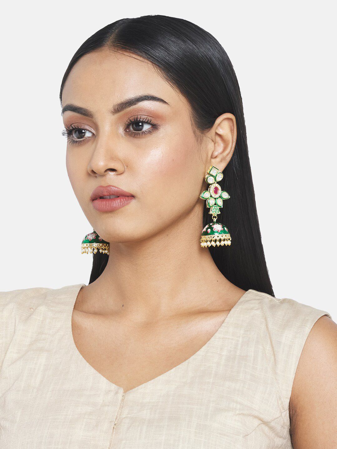 ATIBELLE Women Green & Gold-Plated Kundan and AD studded Jhumkas Earrings with Bead Drops