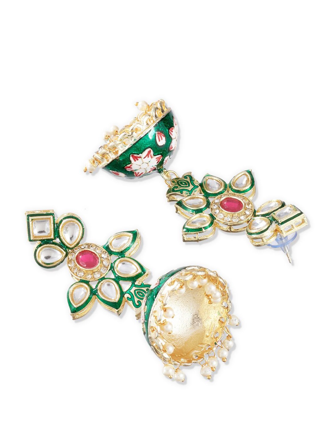 ATIBELLE Women Green & Gold-Plated Kundan and AD studded Jhumkas Earrings with Bead Drops