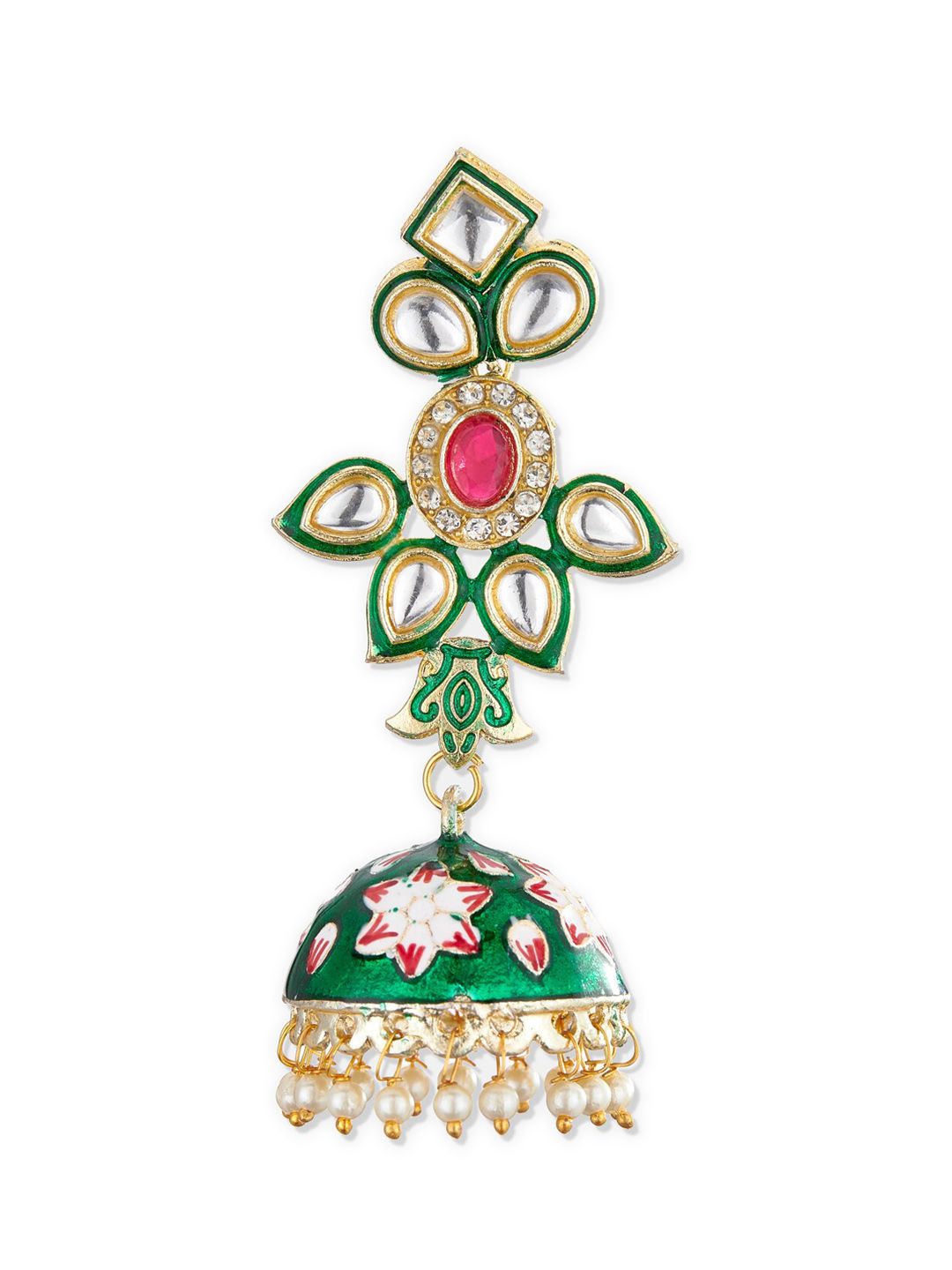 ATIBELLE Women Green & Gold-Plated Kundan and AD studded Jhumkas Earrings with Bead Drops