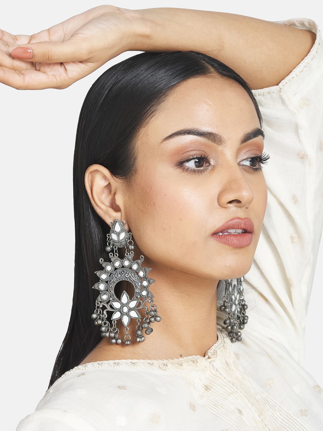 ATIBELLE Women Oxidised Silver-Plated Mirror studded Ghungroo Chandbali Earing