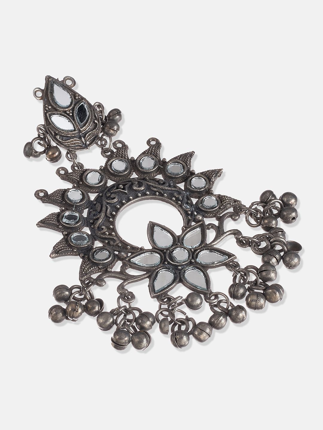 ATIBELLE Women Oxidised Silver-Plated Mirror studded Ghungroo Chandbali Earing