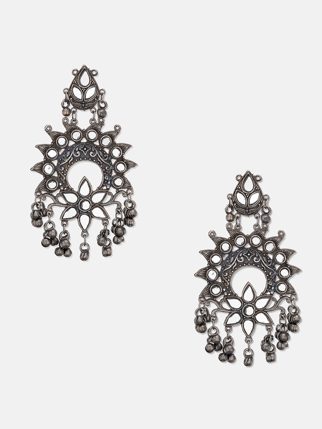 ATIBELLE Women Oxidised Silver-Plated Mirror studded Ghungroo Chandbali Earing