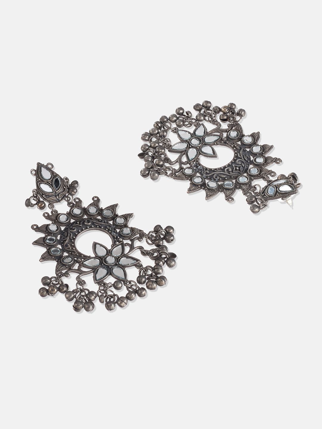 ATIBELLE Women Oxidised Silver-Plated Mirror studded Ghungroo Chandbali Earing
