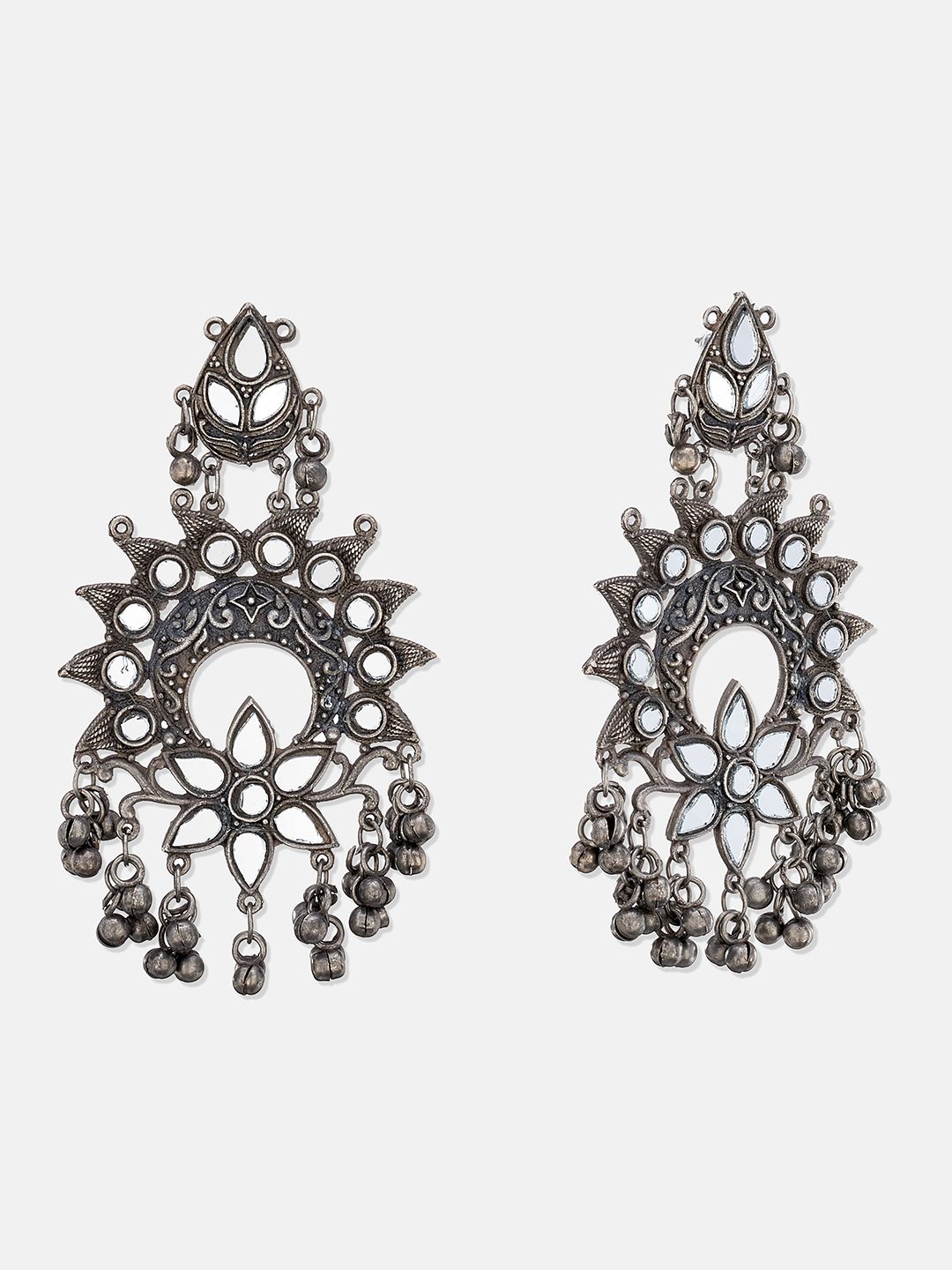 ATIBELLE Women Oxidised Silver-Plated Mirror studded Ghungroo Chandbali Earing