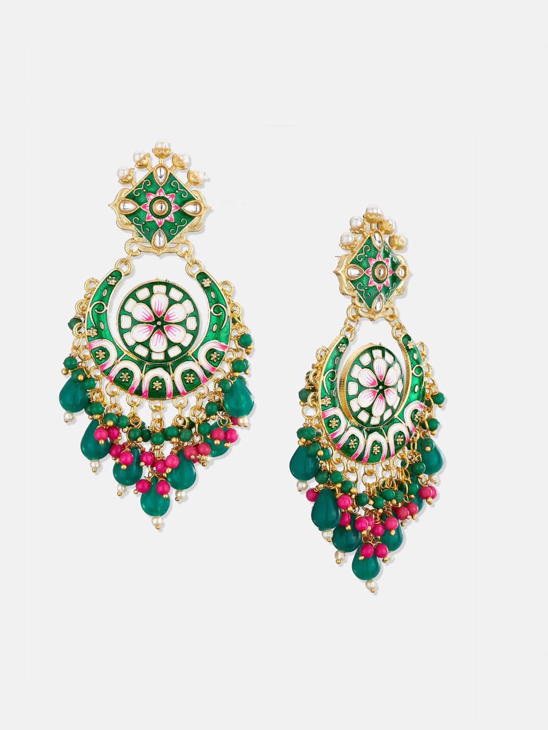 ATIBELLE Green & Gold-Plated Floral Drop Earrings