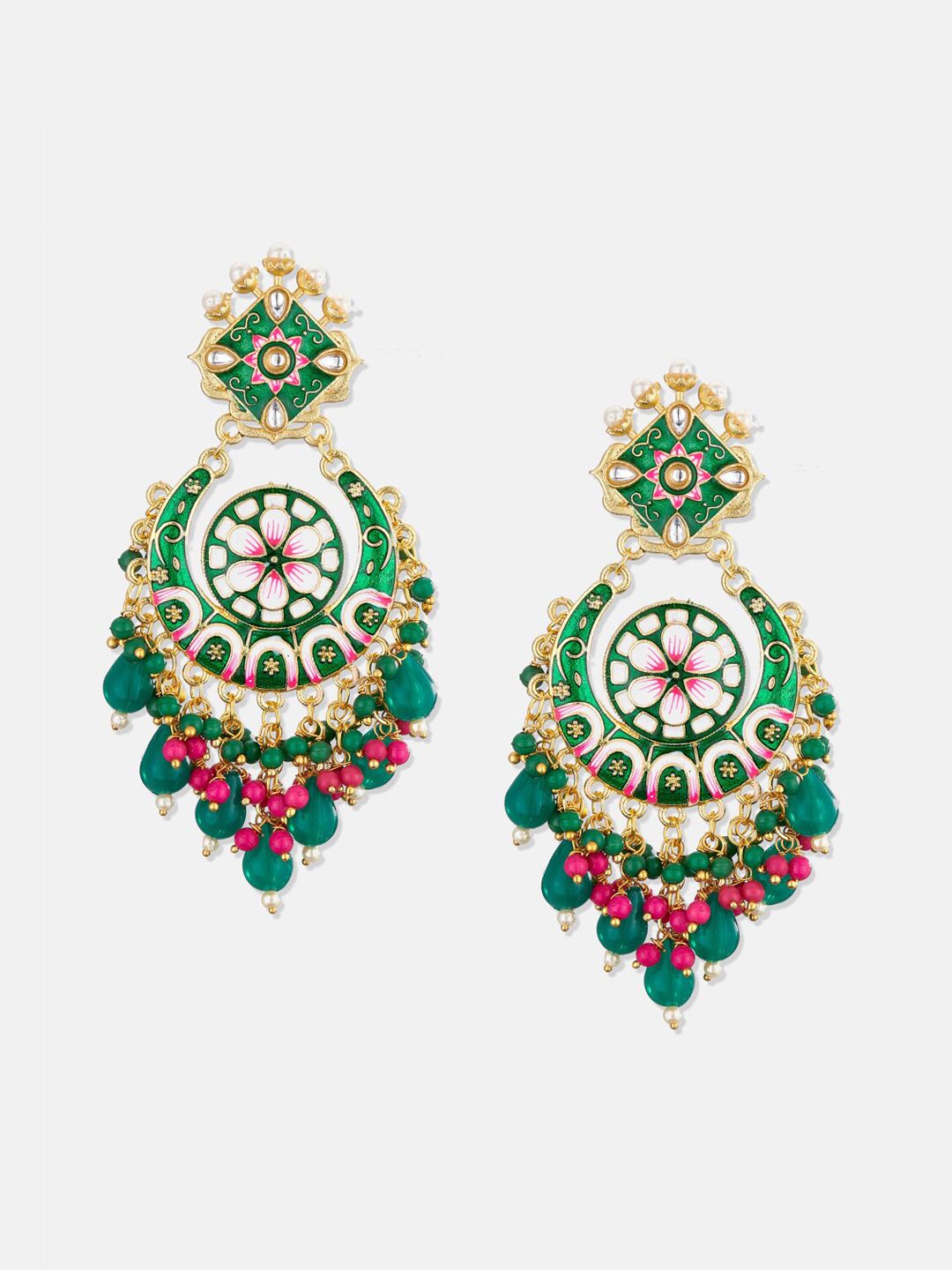 ATIBELLE Green & Gold-Plated Floral Drop Earrings