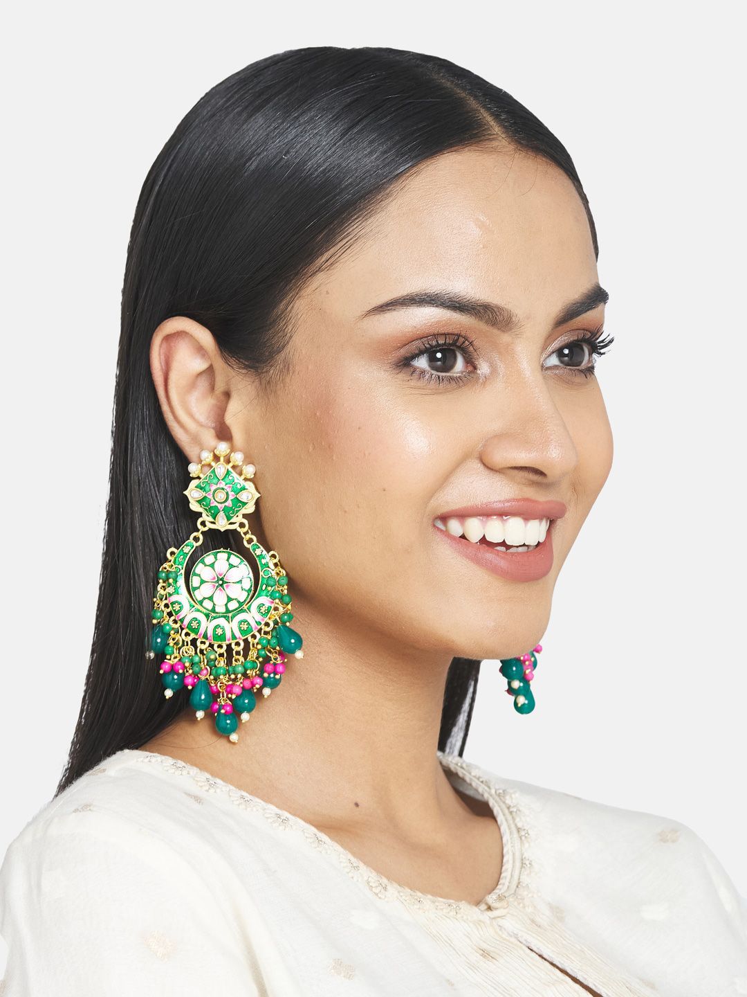ATIBELLE Green & Gold-Plated Floral Drop Earrings
