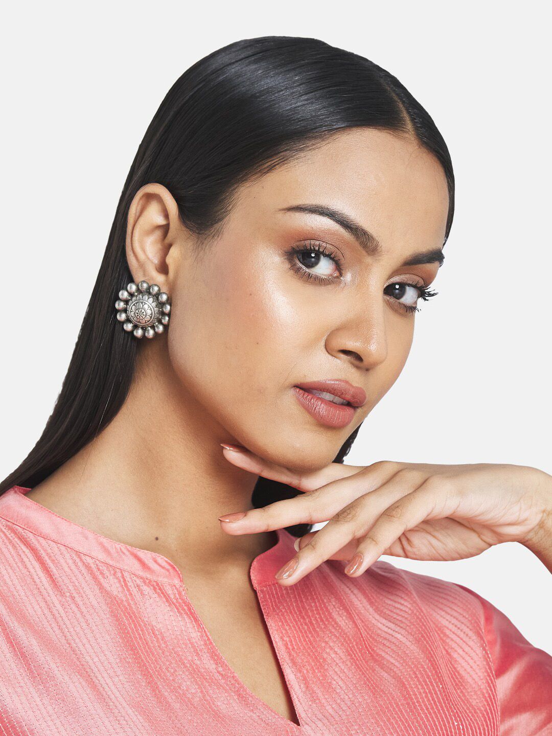 ATIBELLE Silver-Plated Floral German Studs Earrings