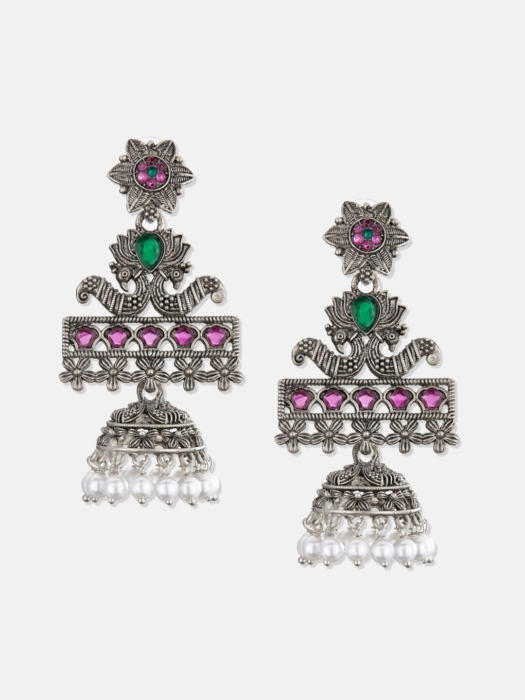 ATIBELLE Silver-Plated & Purple Classic Jhumkas Earrings