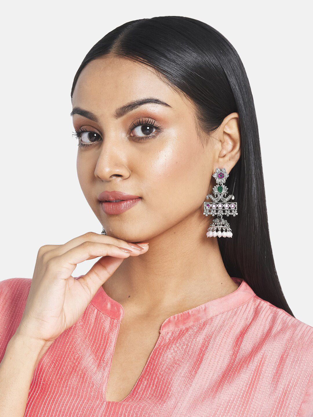 ATIBELLE Silver-Plated & Purple Classic Jhumkas Earrings