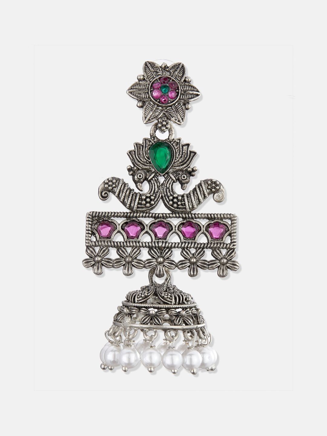 ATIBELLE Silver-Plated & Purple Classic Jhumkas Earrings