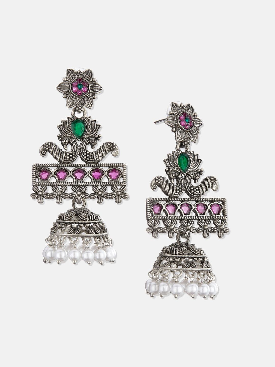 ATIBELLE Silver-Plated & Purple Classic Jhumkas Earrings