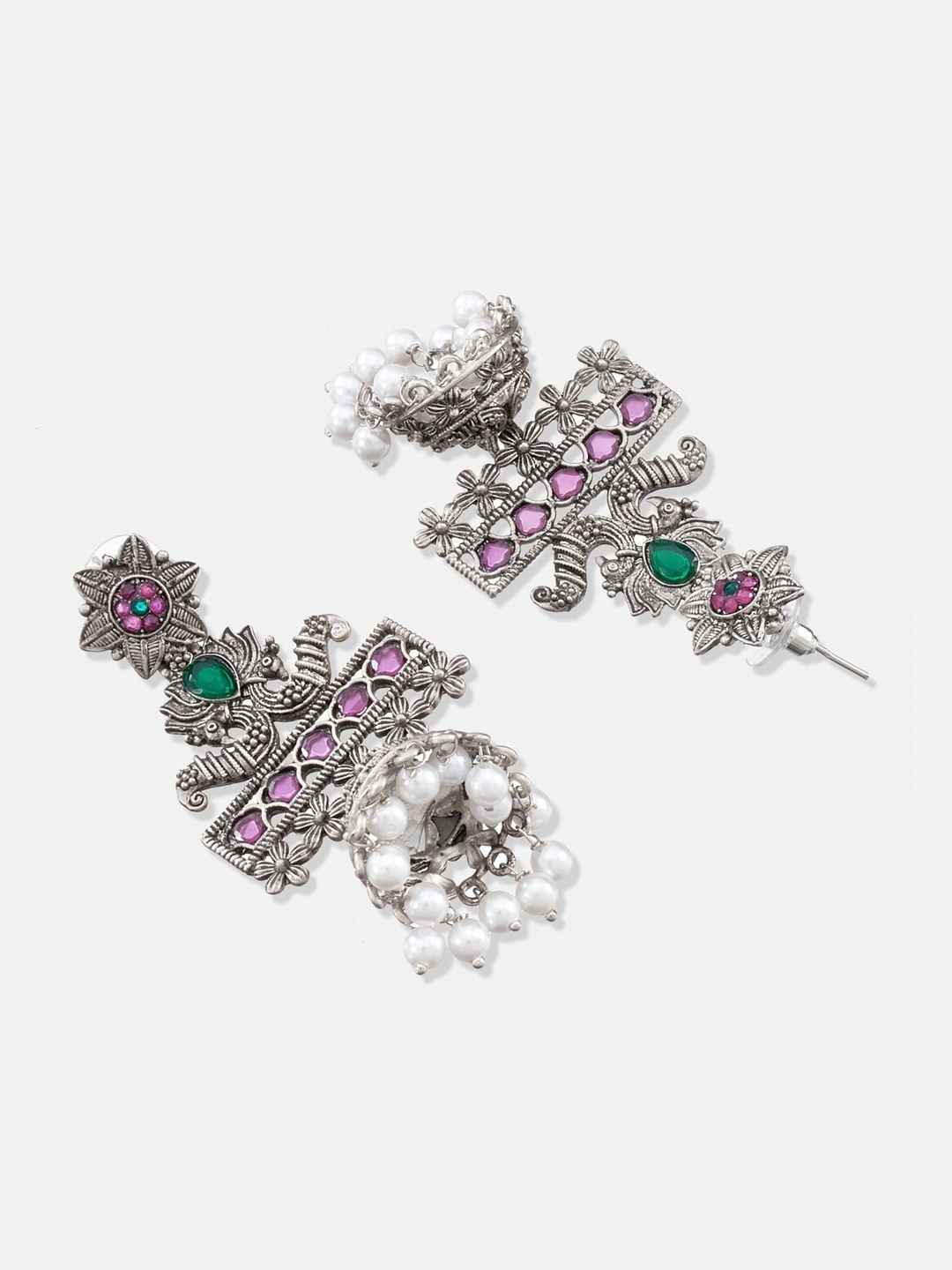 ATIBELLE Silver-Plated & Purple Classic Jhumkas Earrings
