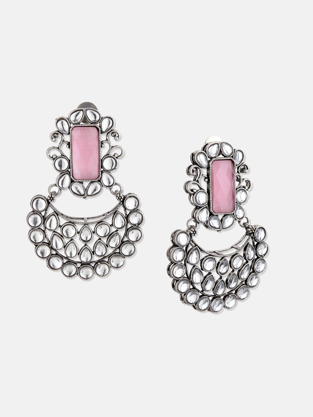 ATIBELLE Silver-Toned & Rose Contemporary Chandbalis Earrings