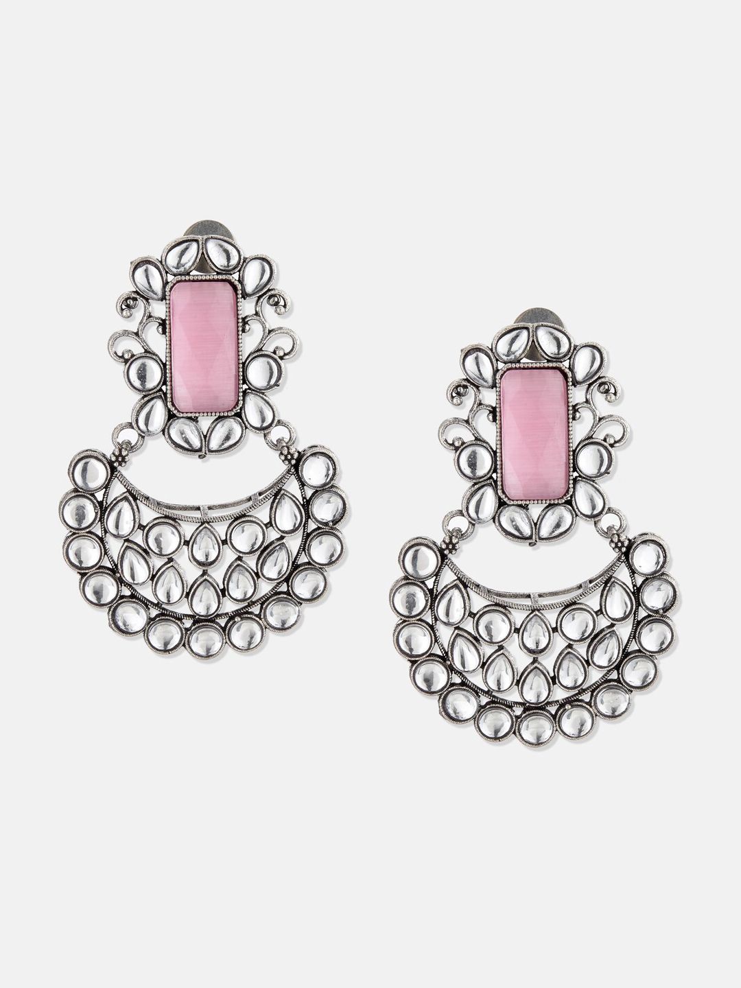 ATIBELLE Silver-Toned & Rose Contemporary Chandbalis Earrings