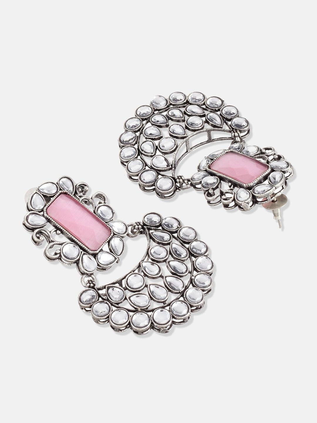 ATIBELLE Silver-Toned & Rose Contemporary Chandbalis Earrings