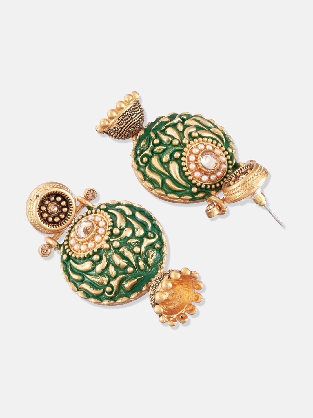ATIBELLE Green & Gold-Plated Contemporary Chandbalis Earrings