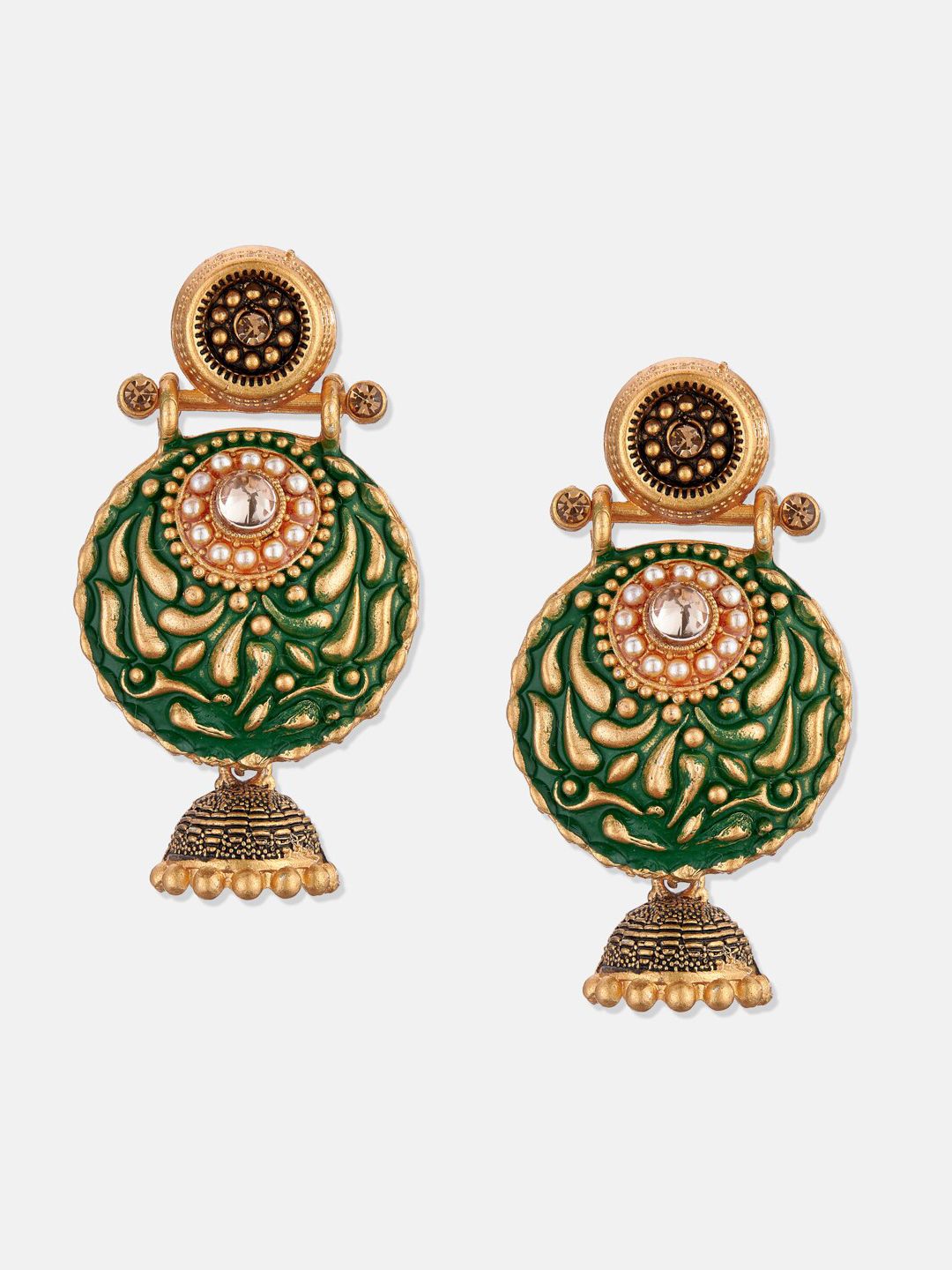 ATIBELLE Green & Gold-Plated Contemporary Chandbalis Earrings