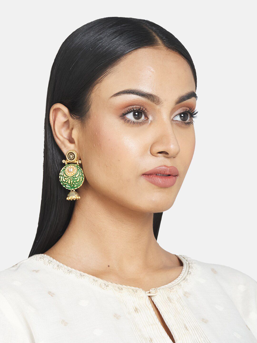 ATIBELLE Green & Gold-Plated Contemporary Chandbalis Earrings