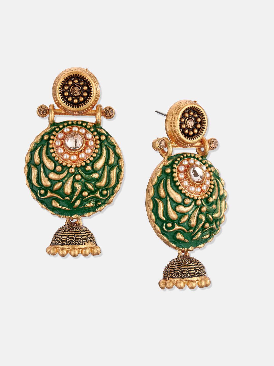 ATIBELLE Green & Gold-Plated Contemporary Chandbalis Earrings