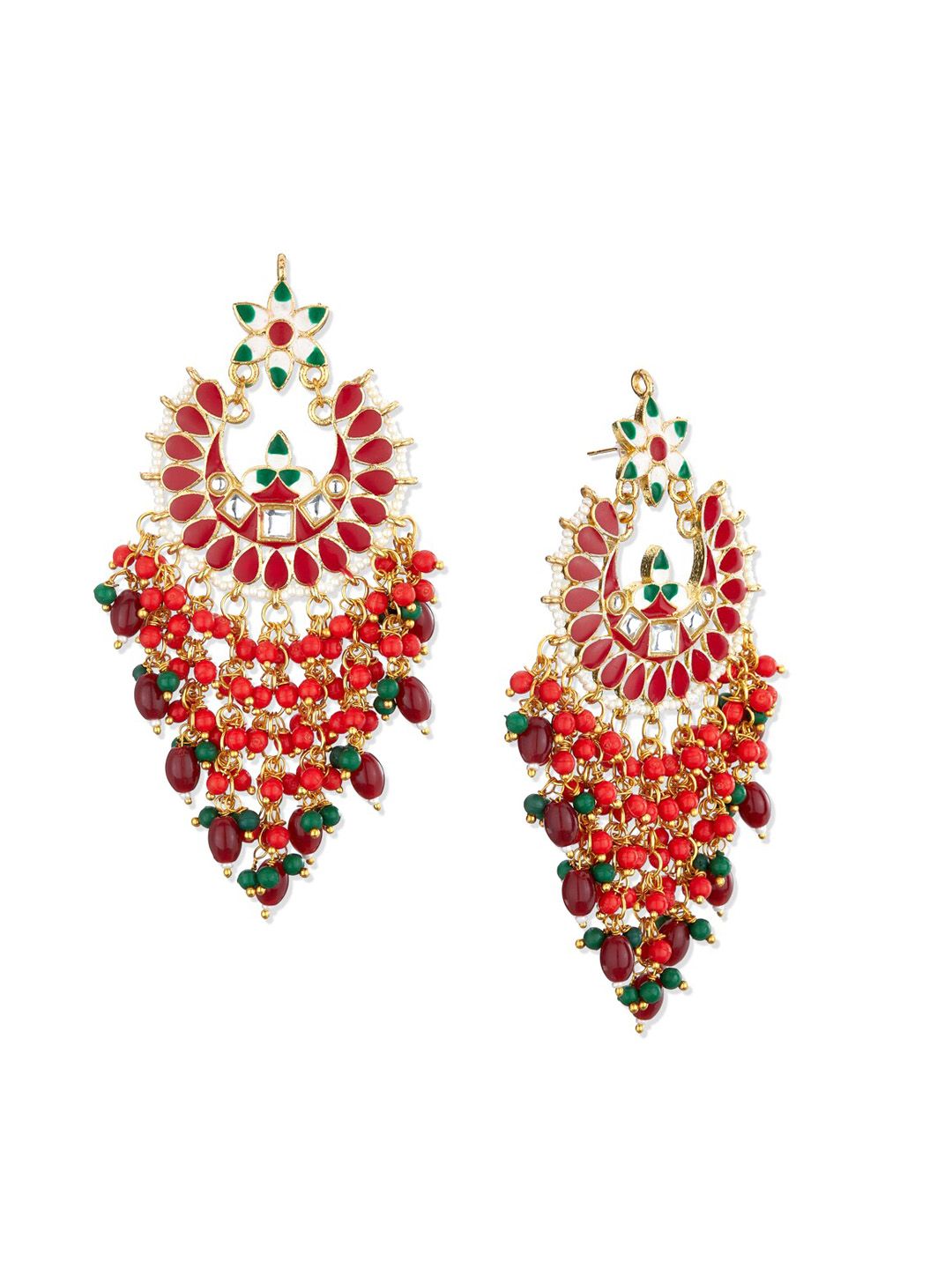 ATIBELLE Maroon & Green Floral Kundan Studded Chandbalis Earrings