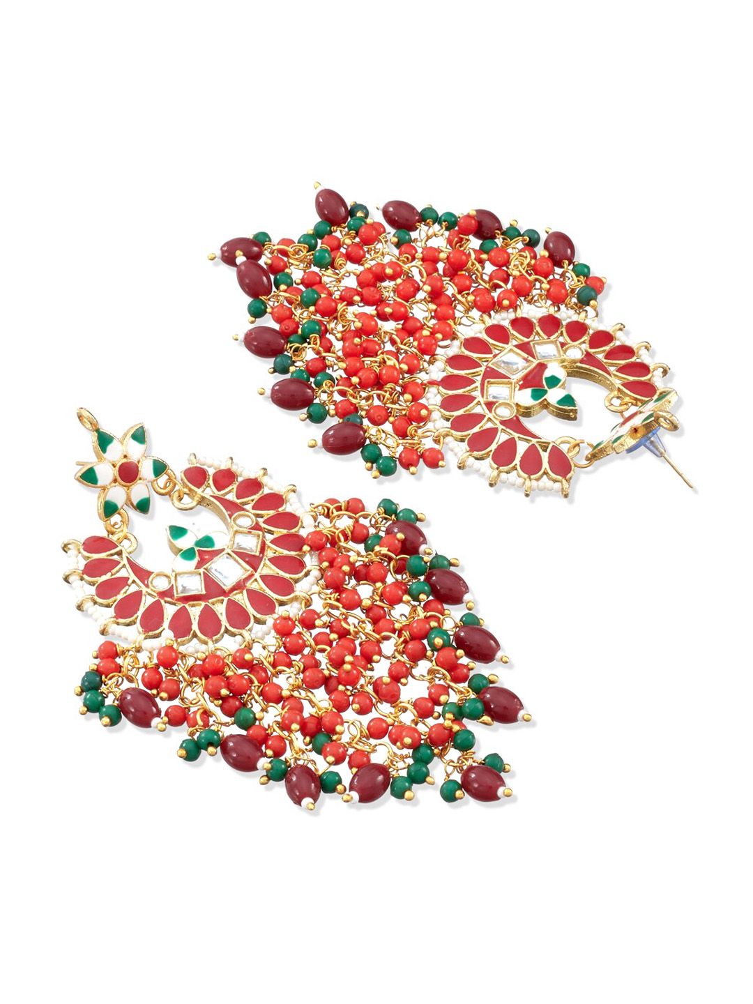 ATIBELLE Maroon & Green Floral Kundan Studded Chandbalis Earrings