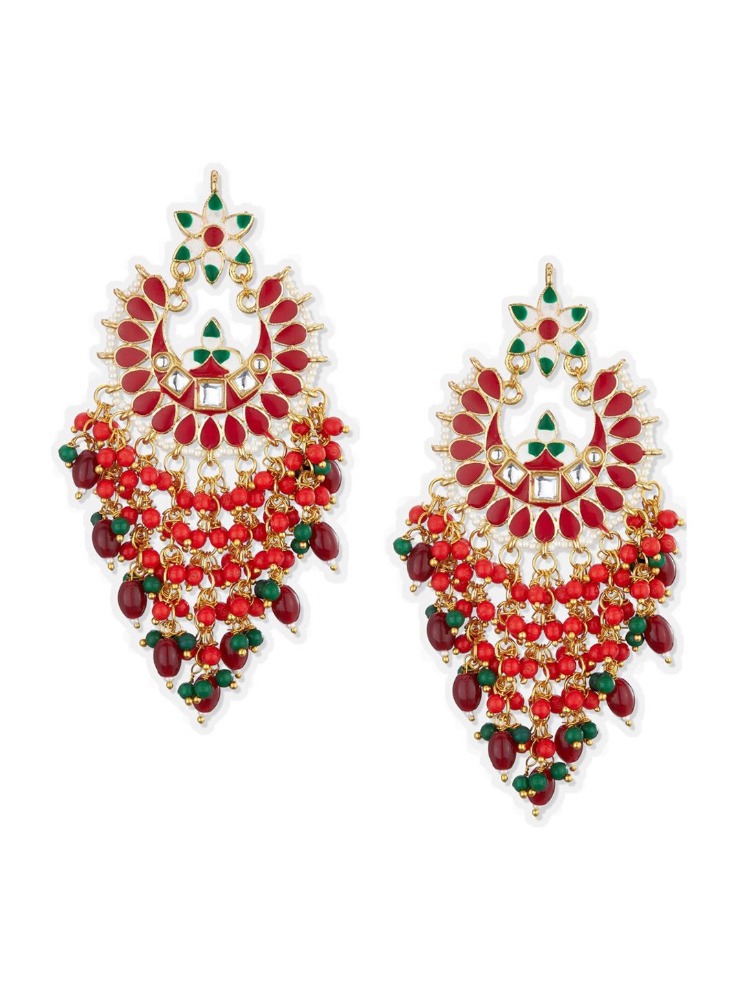 ATIBELLE Maroon & Green Floral Kundan Studded Chandbalis Earrings
