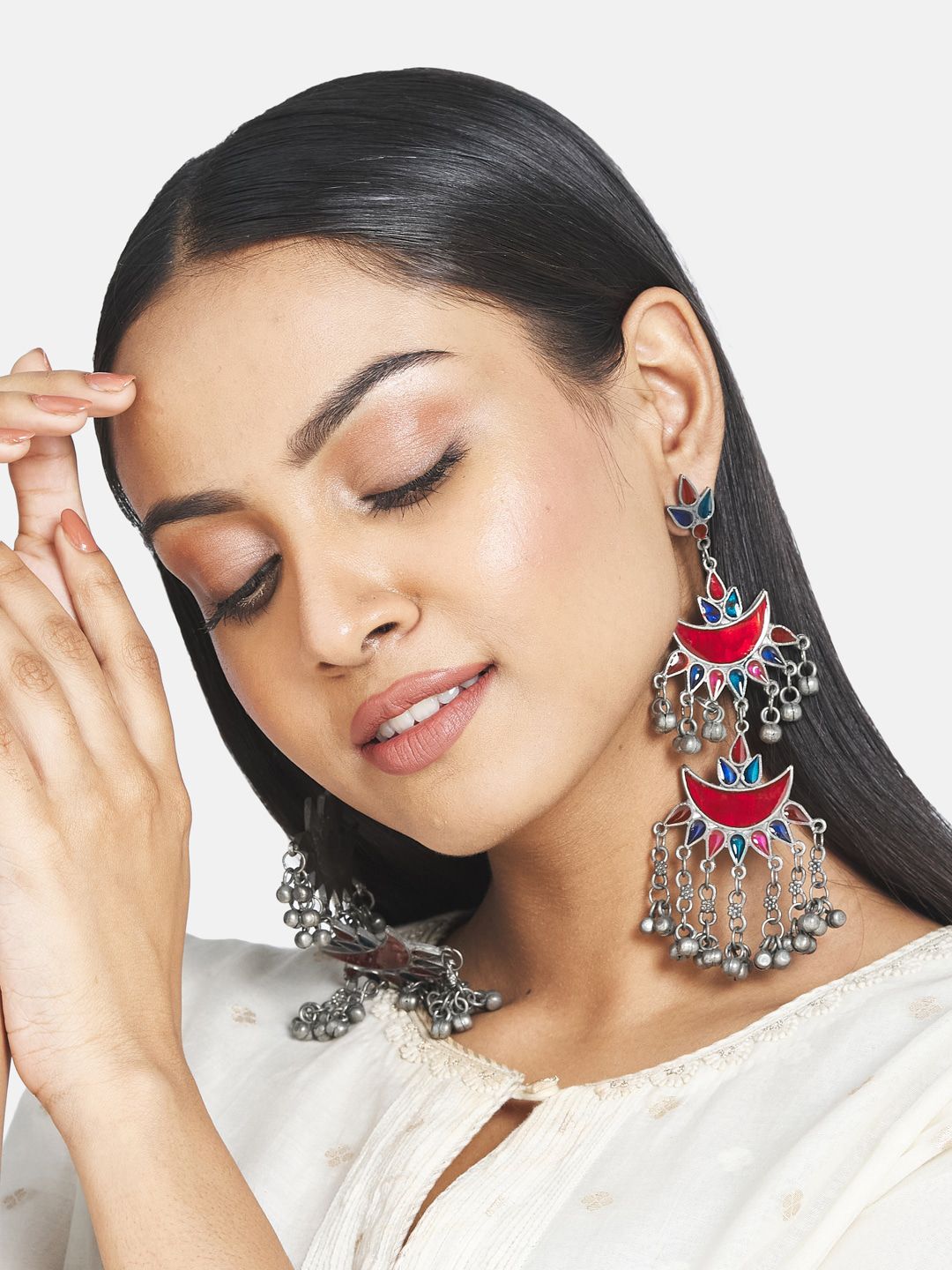 ATIBELLE Red Silver Plated Contemporary Drop Earrings