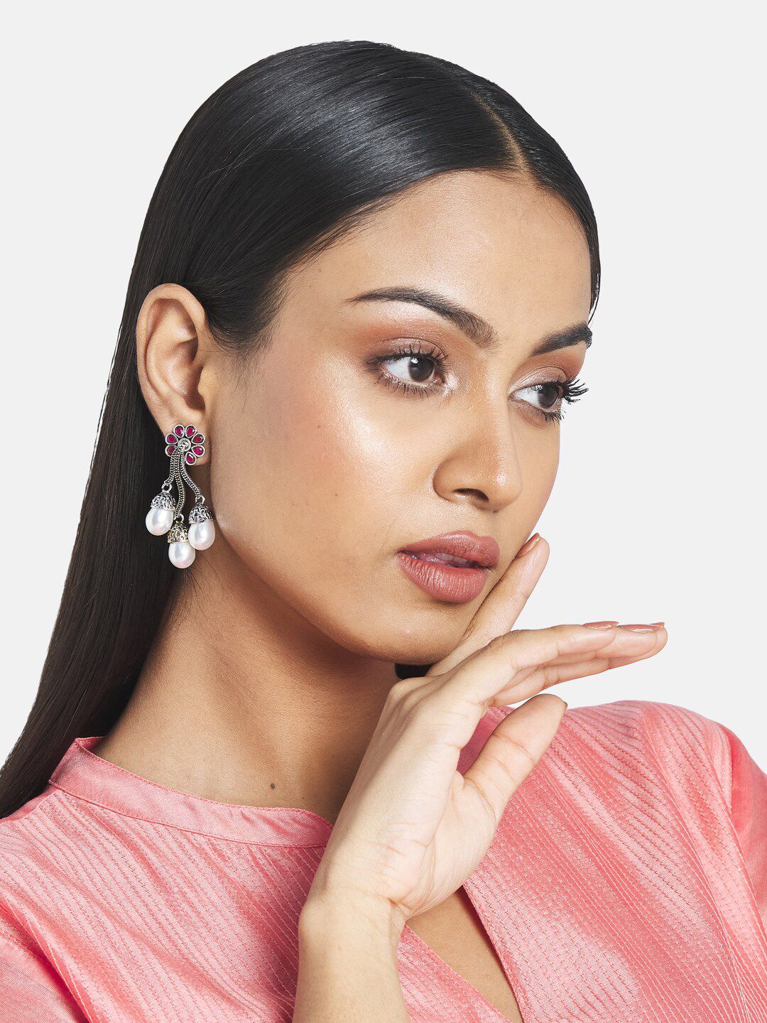 ATIBELLE Green Floral Silver-Plated Artificial Stones Drop Earrings