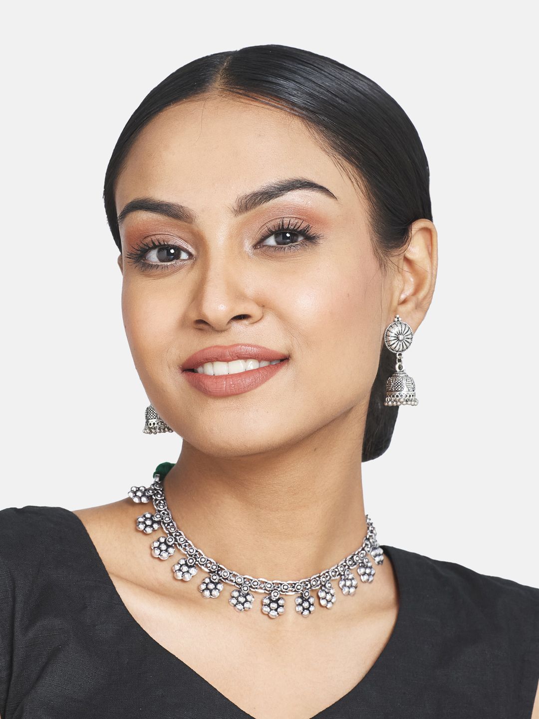 ATIBELLE Silver-Plated Floral Inspired Oxidised German Silver Jewellery Set