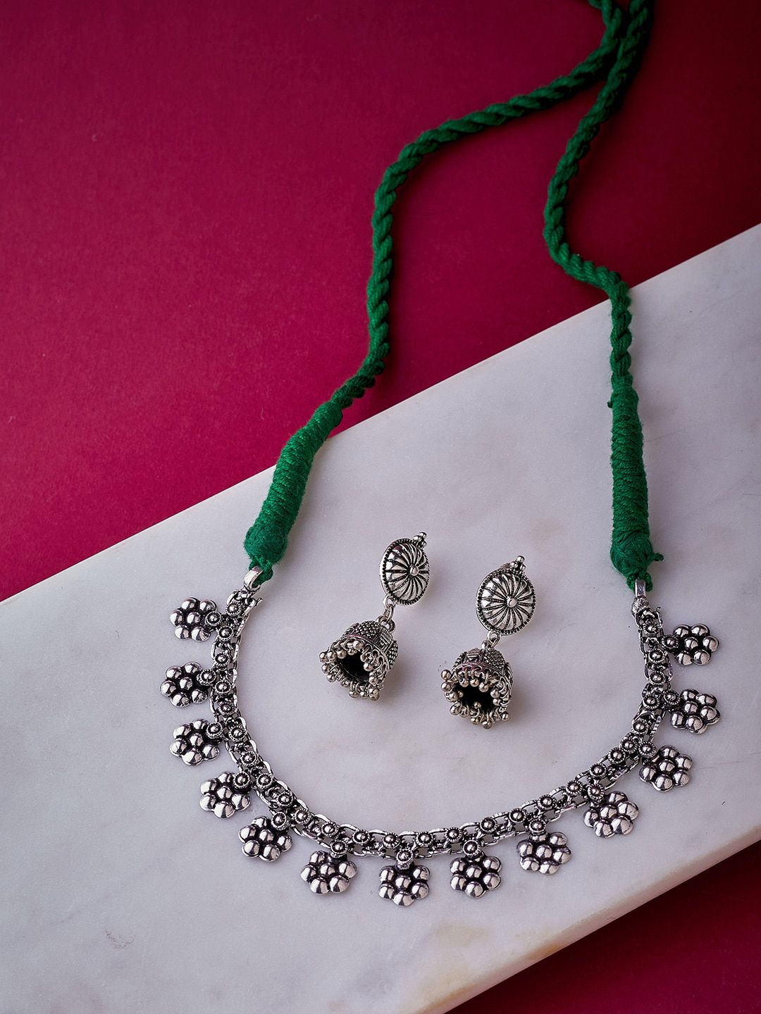 ATIBELLE Silver-Plated Floral Inspired Oxidised German Silver Jewellery Set