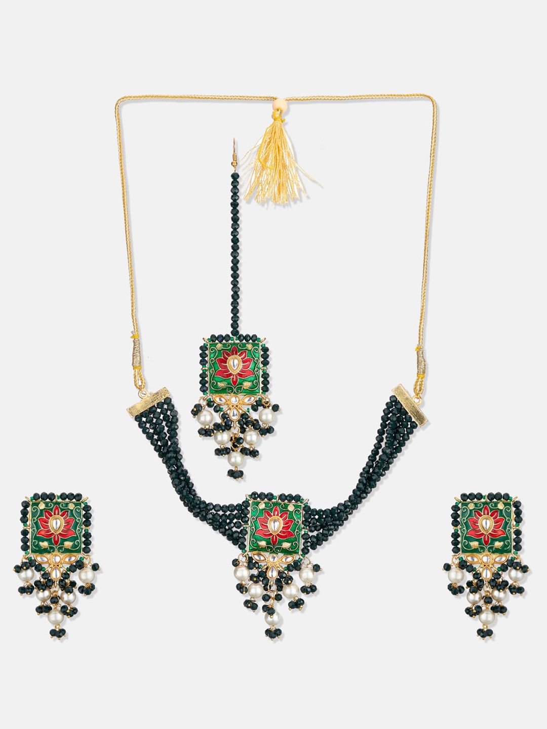 ATIBELLE Gold-Plated White & Green Kundan-Studded & Beaded Meenakari Jewellery Set