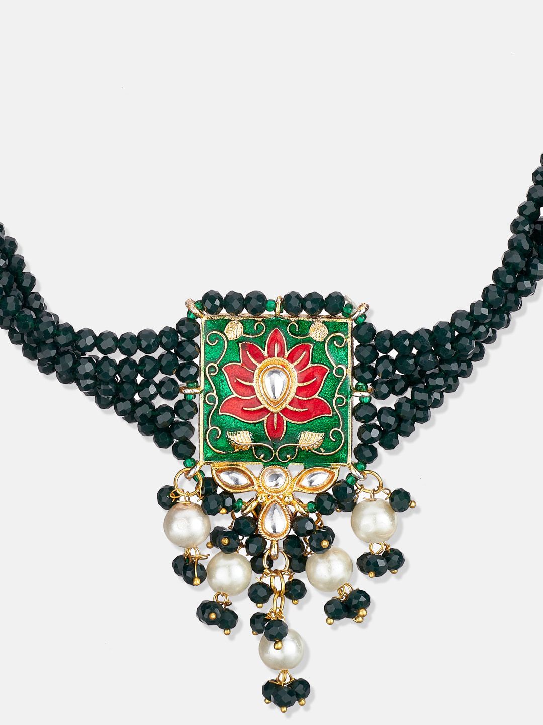 ATIBELLE Gold-Plated White & Green Kundan-Studded & Beaded Meenakari Jewellery Set