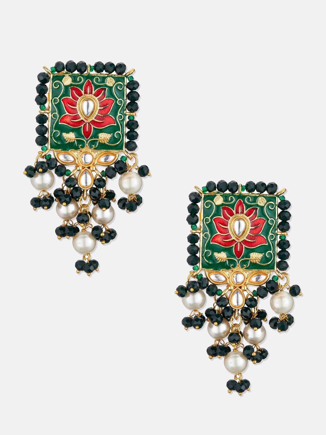 ATIBELLE Gold-Plated White & Green Kundan-Studded & Beaded Meenakari Jewellery Set