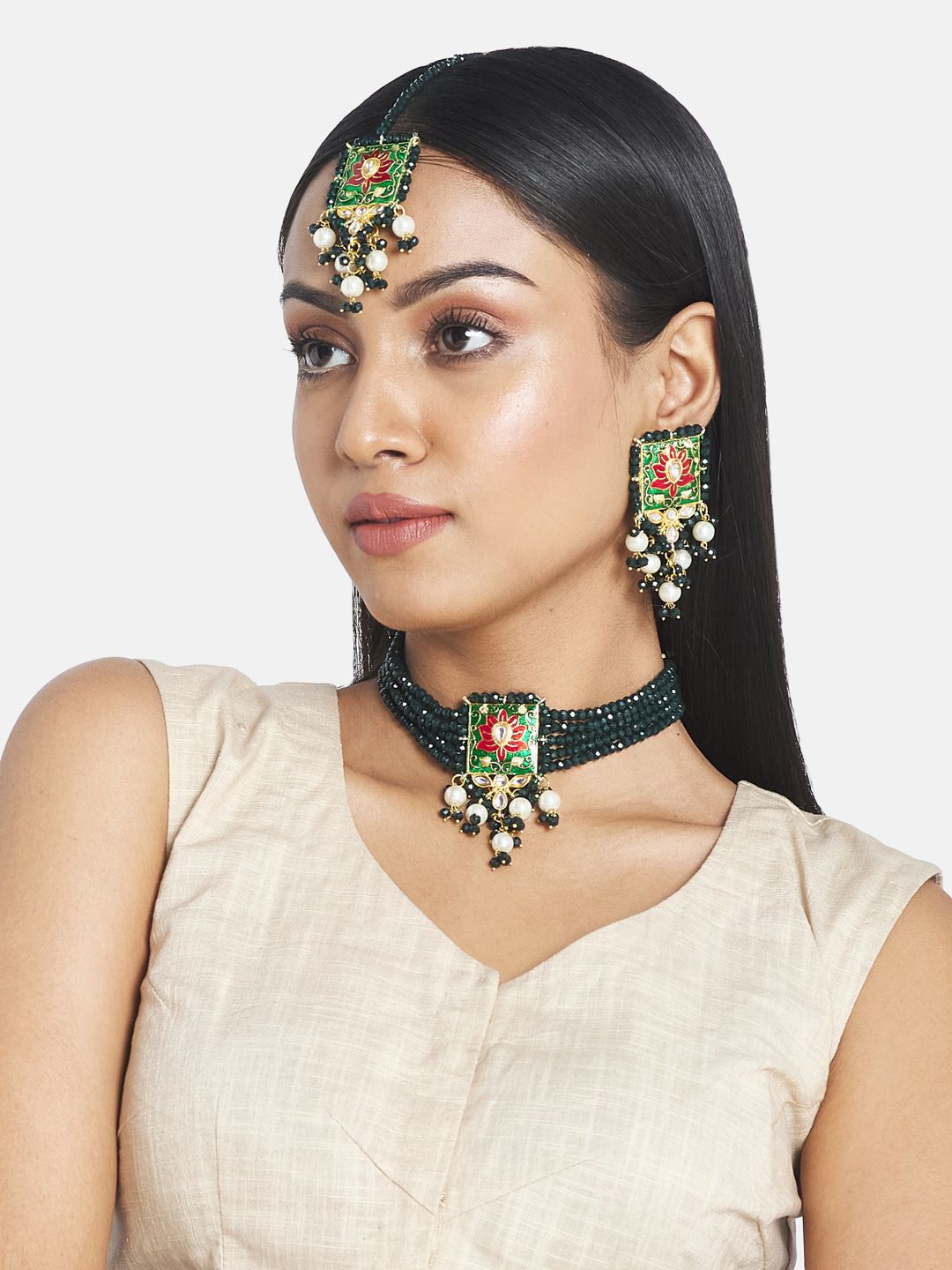 ATIBELLE Gold-Plated White & Green Kundan-Studded & Beaded Meenakari Jewellery Set