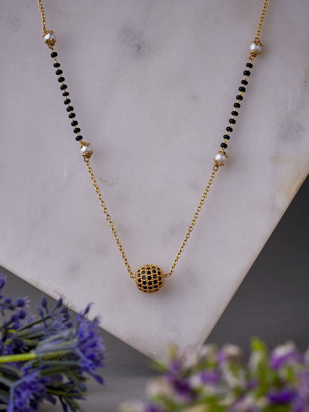ATIBELLE Gold-Plated Black & White Beaded Mangalsutra