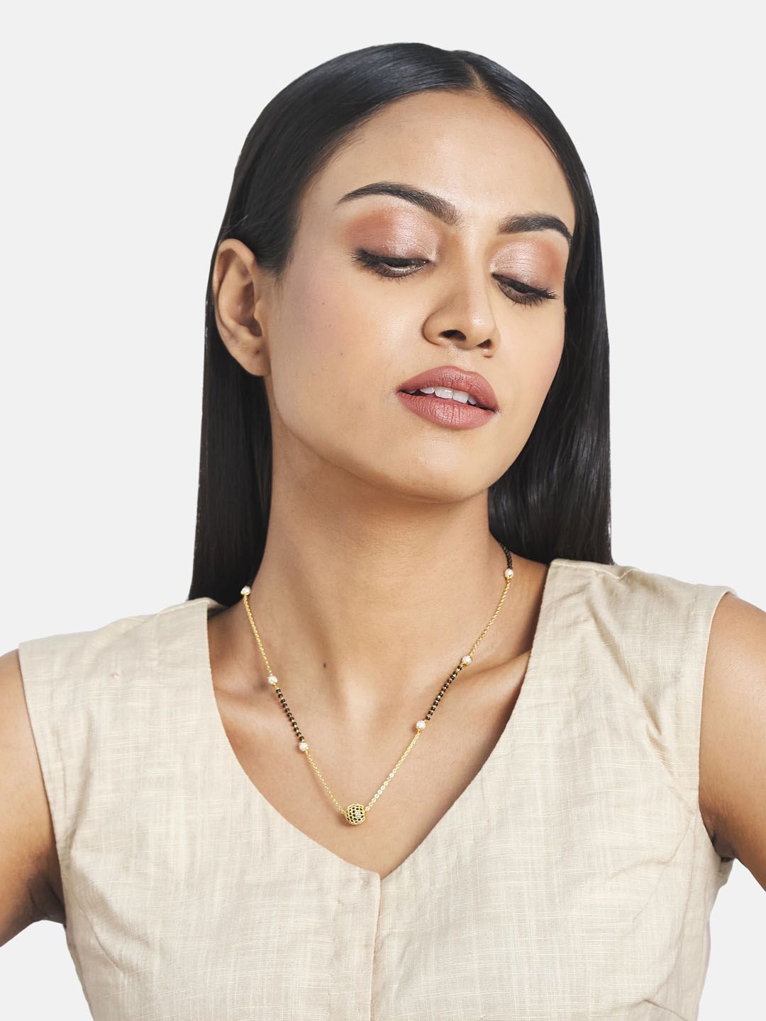 ATIBELLE Gold-Plated Black & White Beaded Mangalsutra